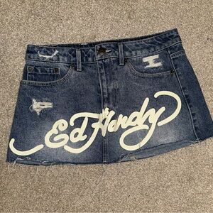 Ed Hardy Blue Denim Skirt with White Logo